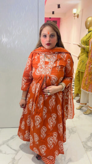 Elegant Cotton Anarkali Suit with Printed Design, Mirror Work & Dupatta for Women
