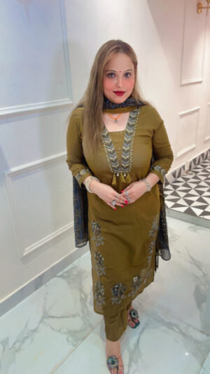 Elegant Cotton Pant Suit with Embroidery, Beads Work & Printed Dupatta for Women