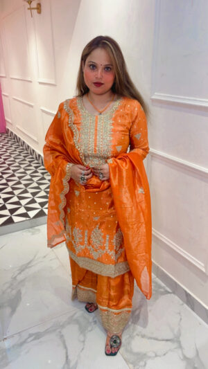Luxury Shimmer Silk Palazzo Suit with Self Print, Heavy Work & Dupatta for Women