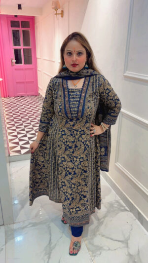 Elegant Pure Cotton Anarkali Suit with Kalamkari Print, Beads Work & Dupatta for Women