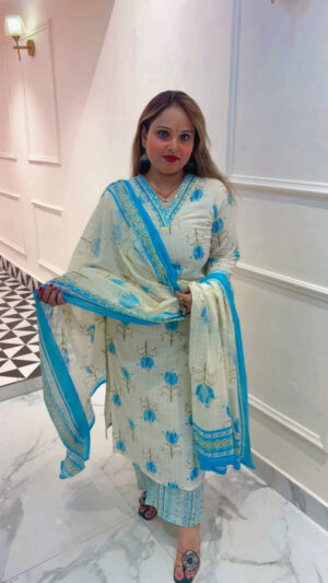 Elegant Pure Cotton Pant Suit with Print, Mirror Work & Dupatta for Women