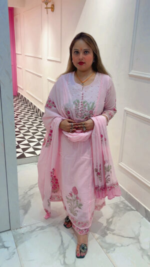 Women's Pure Cotton Printed Anarkali Suit with Embroidered Neck & Matching Dupatta