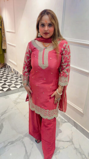 Women's Chinon Heavy Work Palazzo Suit with Matching Dupatta | Designer Wedding & Festive Wear