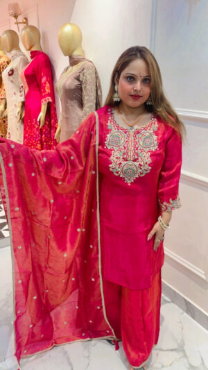 Women's Premium Shimmer Silk Embroidered Palazzo Suit with Mirror Work & Matching Dupatta | Designer Festive & Party Wear