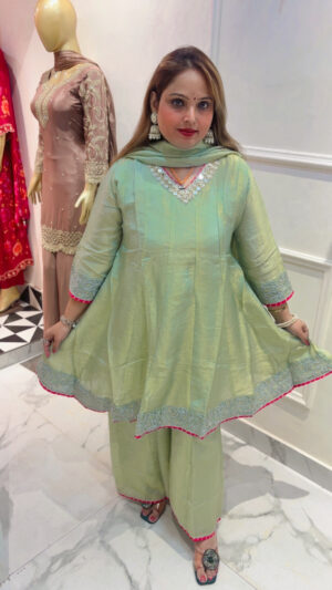 Women's Premium Shimmer Silk Embroidered Mirror Work Palazzo Suit with Matching Dupatta | Designer Wedding & Festive Wear