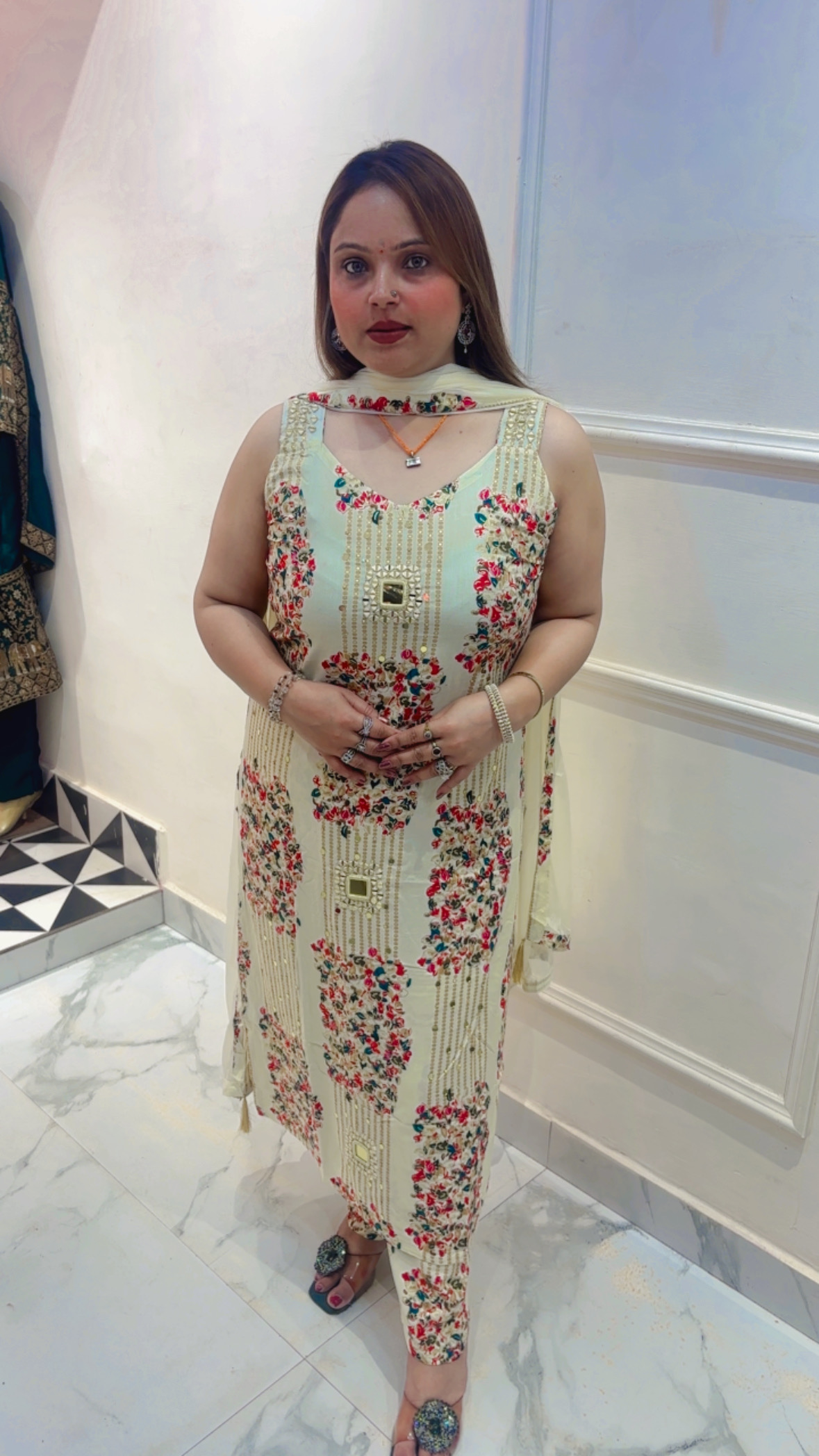 Premium Rayon Cotton Mirror Work Pant Suit with Chiffon Dupatta - Image 2
