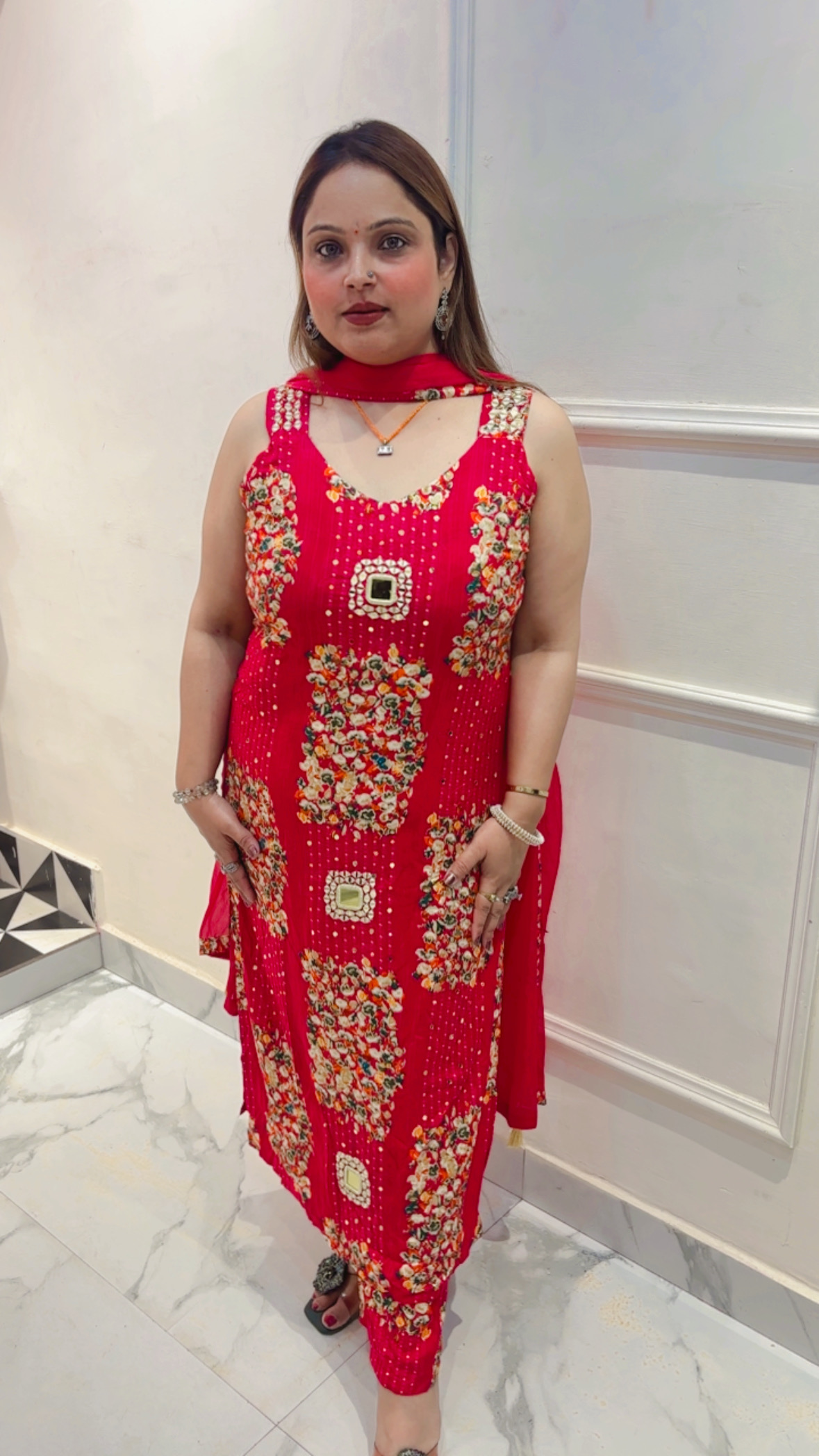 Premium Rayon Cotton Mirror Work Pant Suit with Chiffon Dupatta