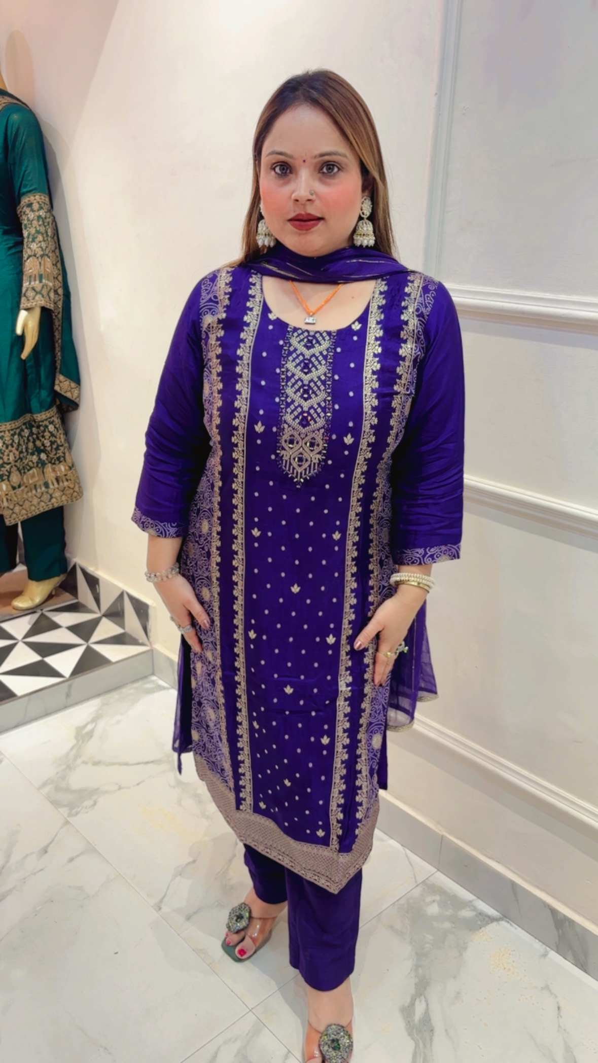Premium Dola Silk Heavy Work Bandhej Print Pant Suit with Chiffon Dupatta