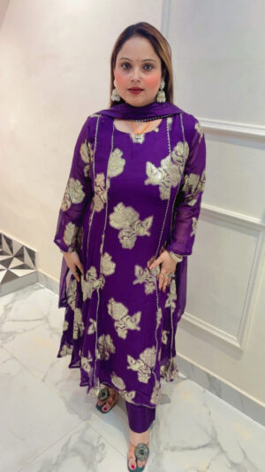 Premium Chinon Zari Work Anarkali Suit with Grass Tissue Dupatta