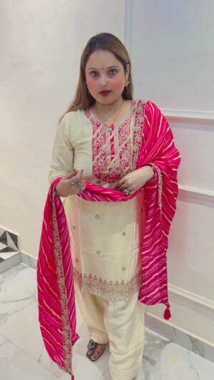 Title Elegant Pure Crepe Suit with Farshi Salwar & Lehriya Dupatta