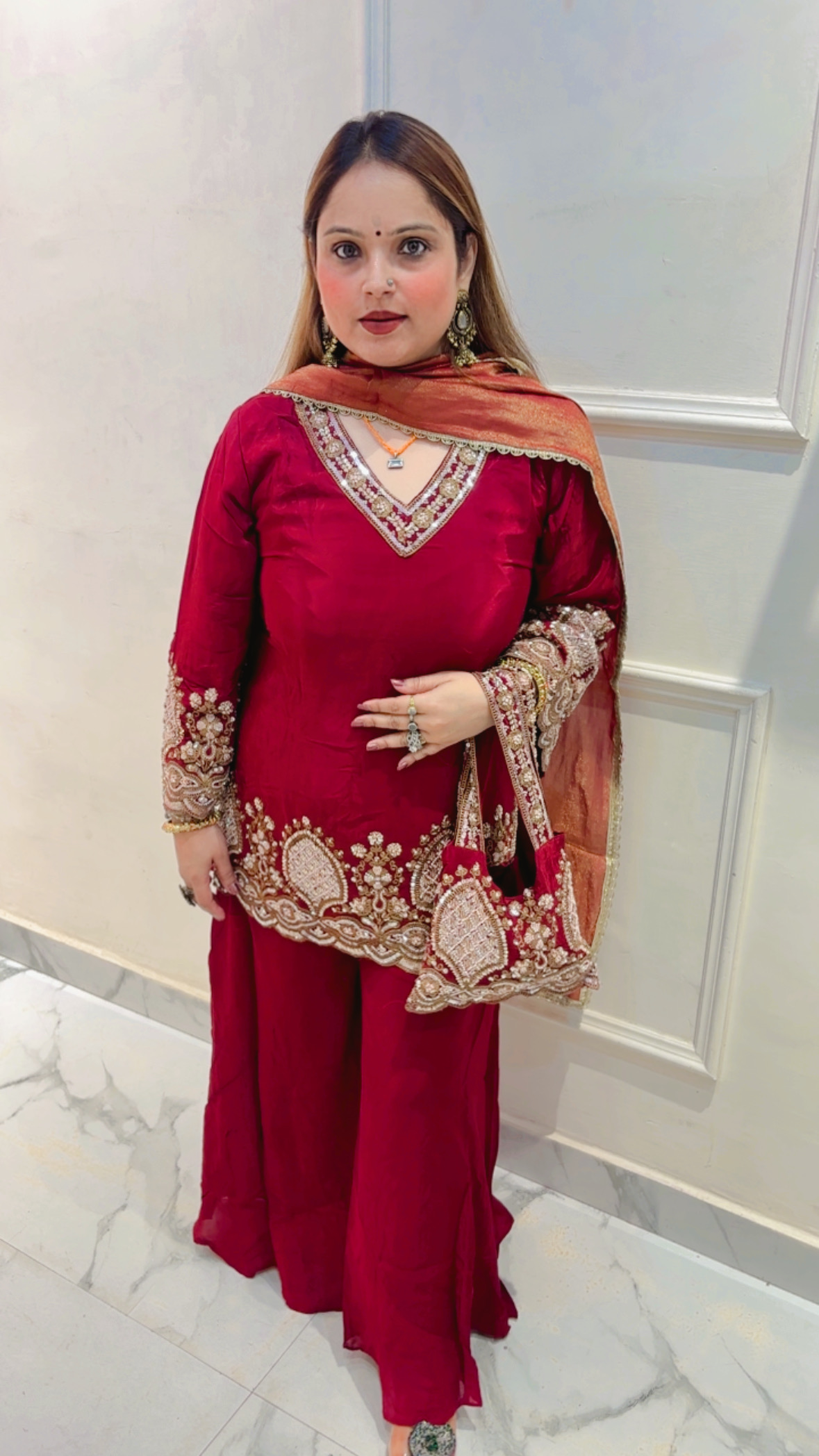 Premium Crepe Heavy Work Palazzo Suit with Shimmer Dupatta & Potli