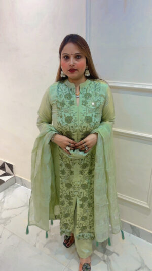 Premium Shimmer Silk Heavy Embroidery Pant Suit with Grass Tissue Dupatta