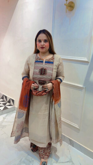 Pure Mul Chanderi Suit with Kalamkari Sleeves & Dupatta