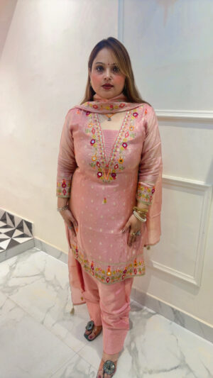 Elegant Pure Shimmer Silk Suit with Farshi Salwar & Mirror Sleeves