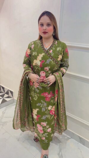 Premium Cotton Angrakha Embroidered Printed Suit with Dupatta