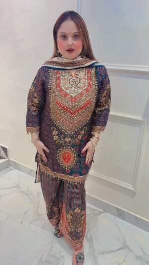 Premium Muslin Silk Heavy Work Printed Co-Ord Set with Dupatta