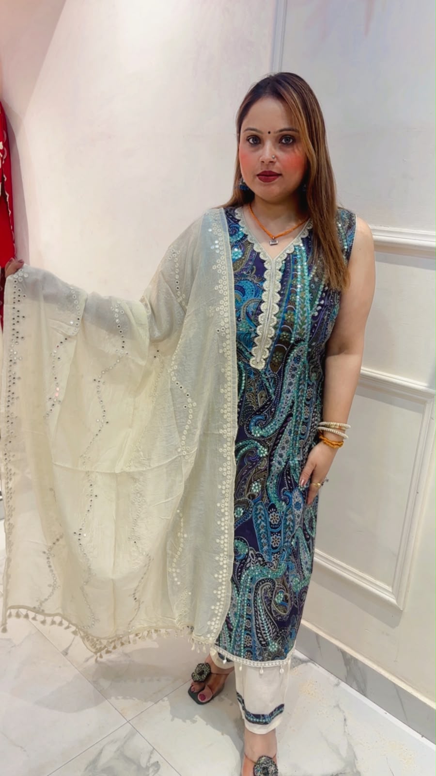 Premium Cotton Mirror & Beads Work Self Printed Pant Suit with Silk Dupatta