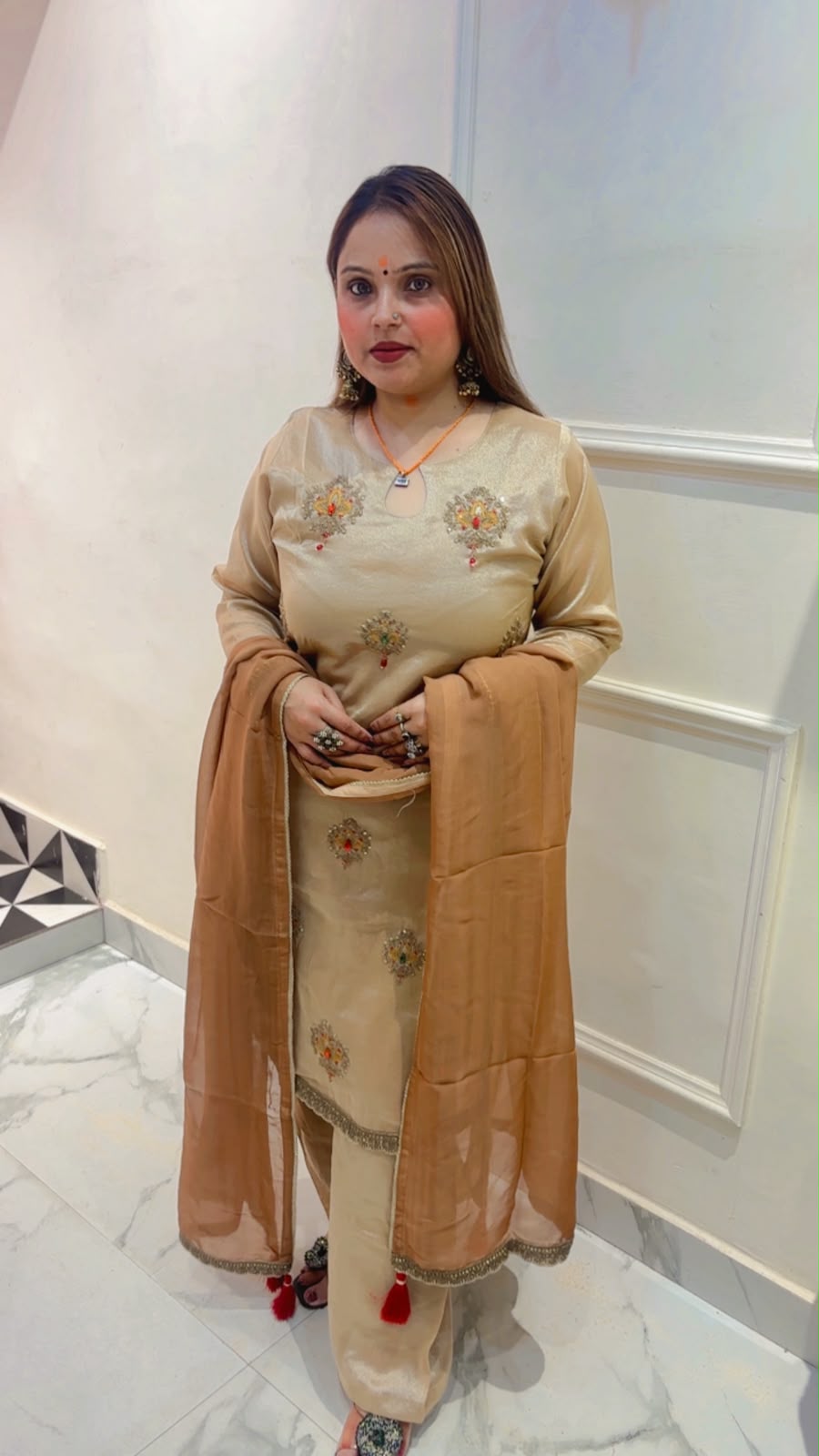 Premium Shimmer Silk Heavy Zari Work Palazzo Suit with Chiffon Dupatta - Image 2