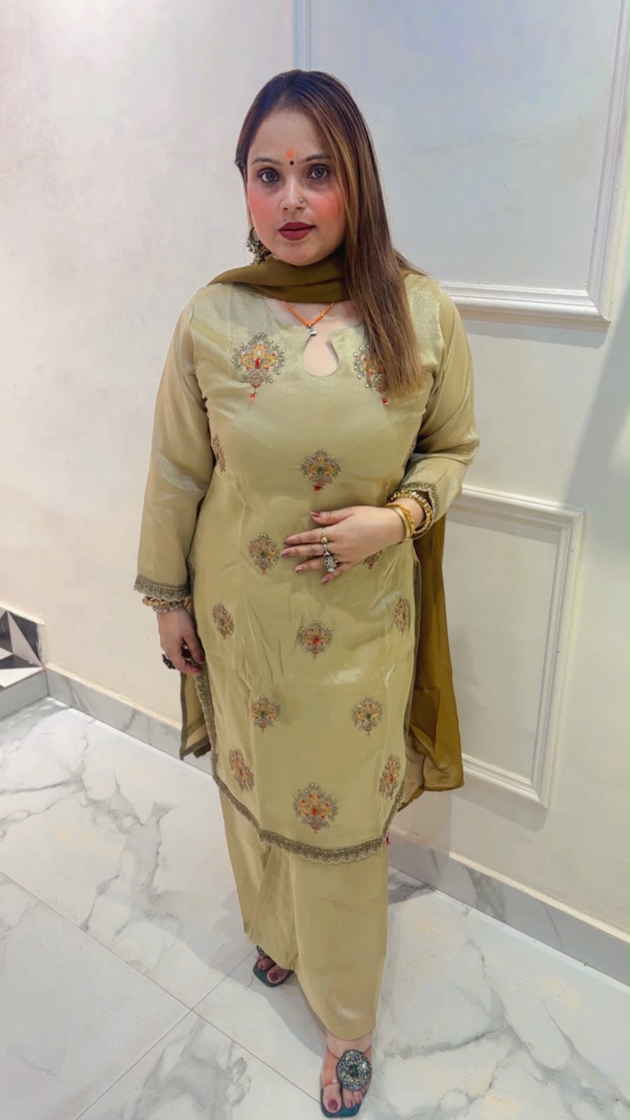 Premium Shimmer Silk Heavy Zari Work Palazzo Suit with Chiffon Dupatta