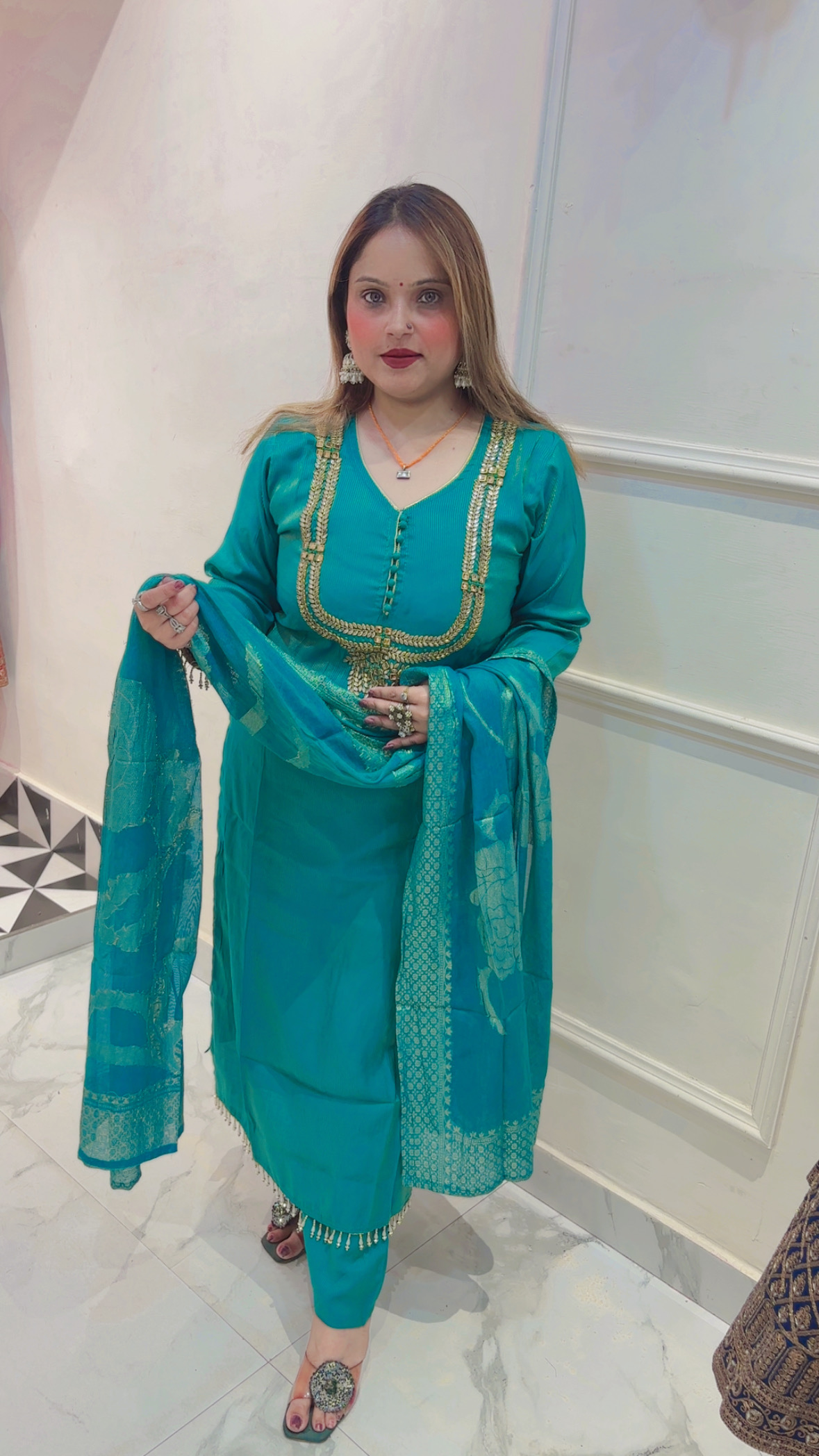 Elegant Pure Shimmer Pants Style Suit with Dupatta - Image 2