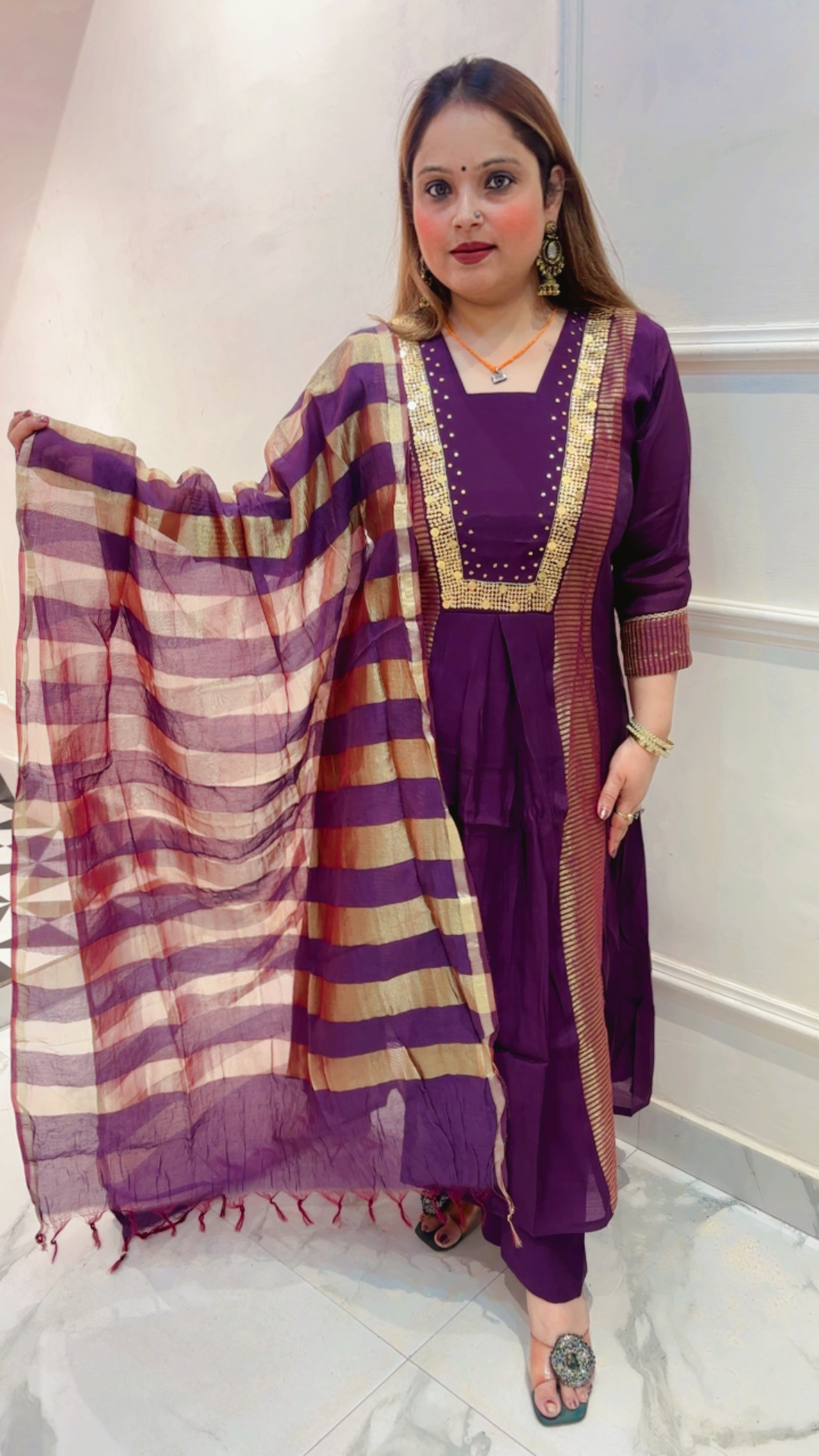 Pure Mul Chanderi A-Line Suit with Dupatta - Image 2