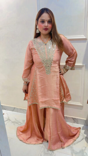 Pure Shimmer Silk A-Line Palazzo Suit with Mirror Work