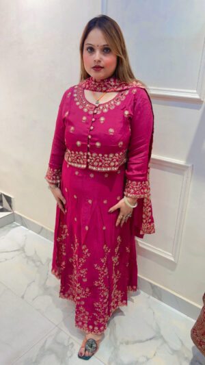 Pure Chinnon Anarkali Suit with Jacket and Dupatta
