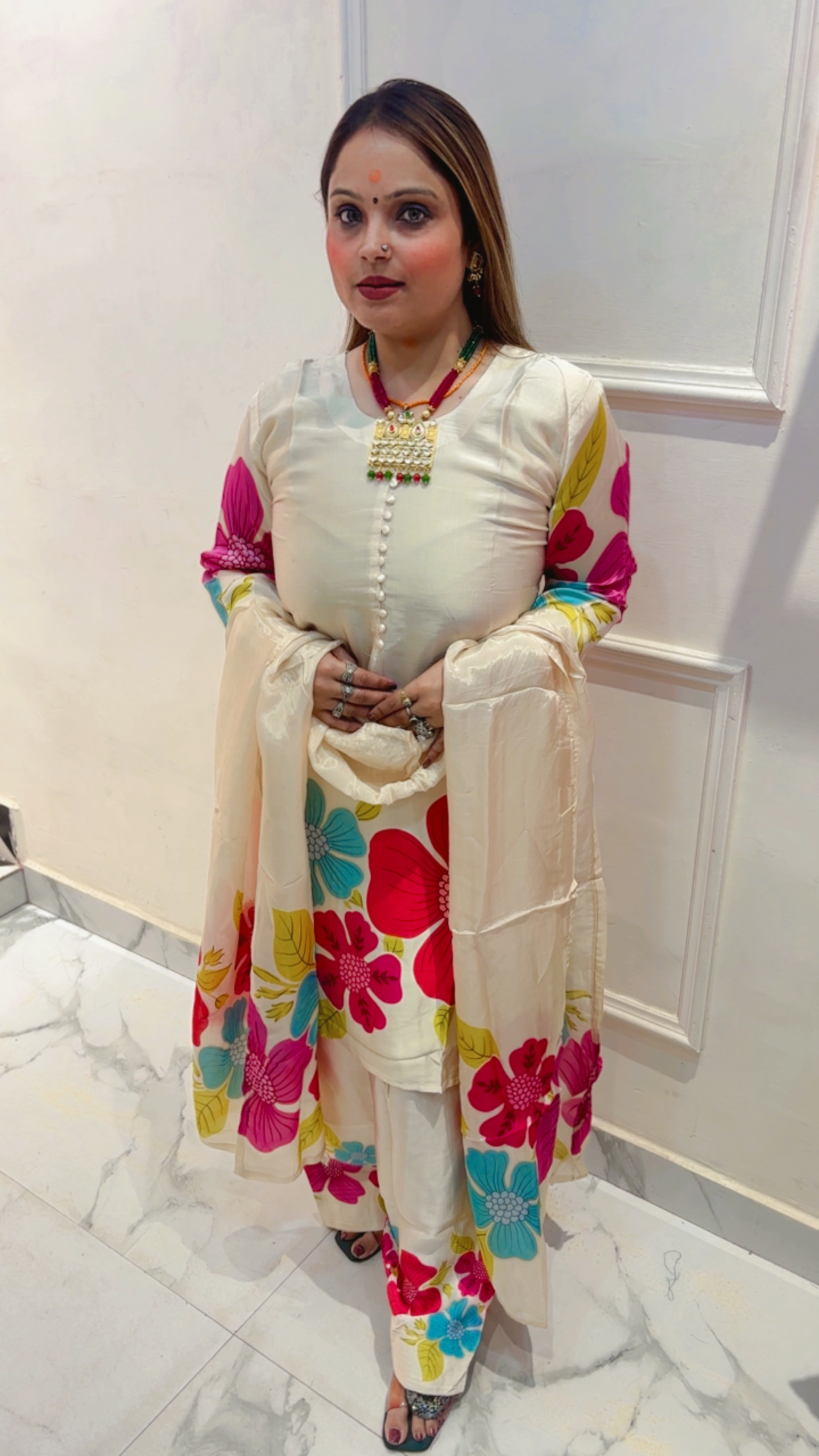 Pure Gazi Silk Suit with Floral Design & Dupatta