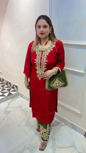 Elegant Pure Crepe Straight Palazzo Suit with Embroidery & Bag