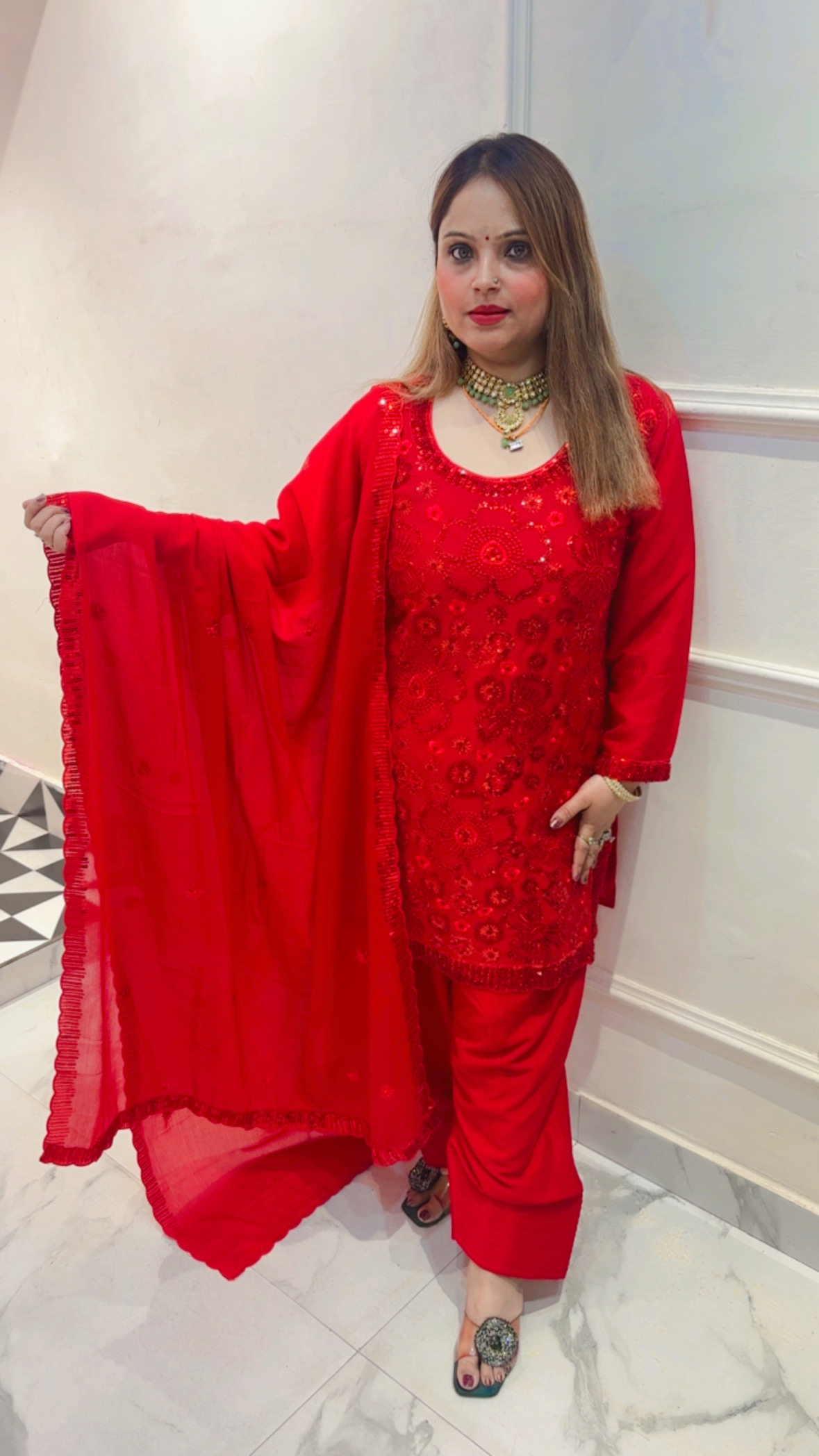 Elegant Pure Chinnon Farshi Salwar Suit with Heavy Sequin Work