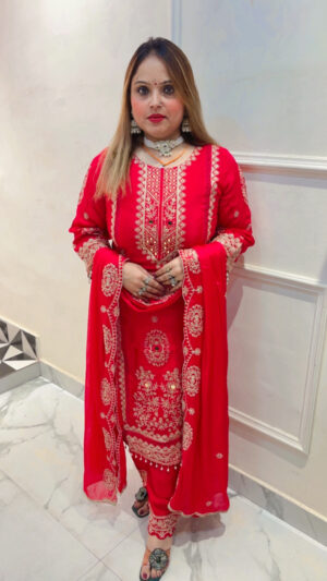 Pure Chinnon Straight Palazzo Suit with Heavy Mirror Work & Dupatta