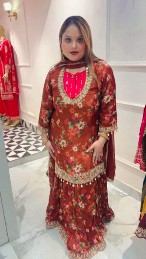 Elegant Pure Chinnon Skirt Suit with Mirror Work & Dupatta
