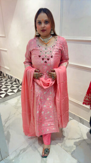 Pure Brocade Anarkali Suit with Embroidery Work & Dupatta