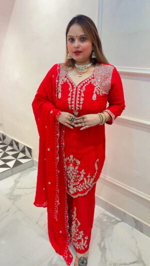 Pure Chinnon Palazzo Suit with Elegant Embroidery & Dupatta