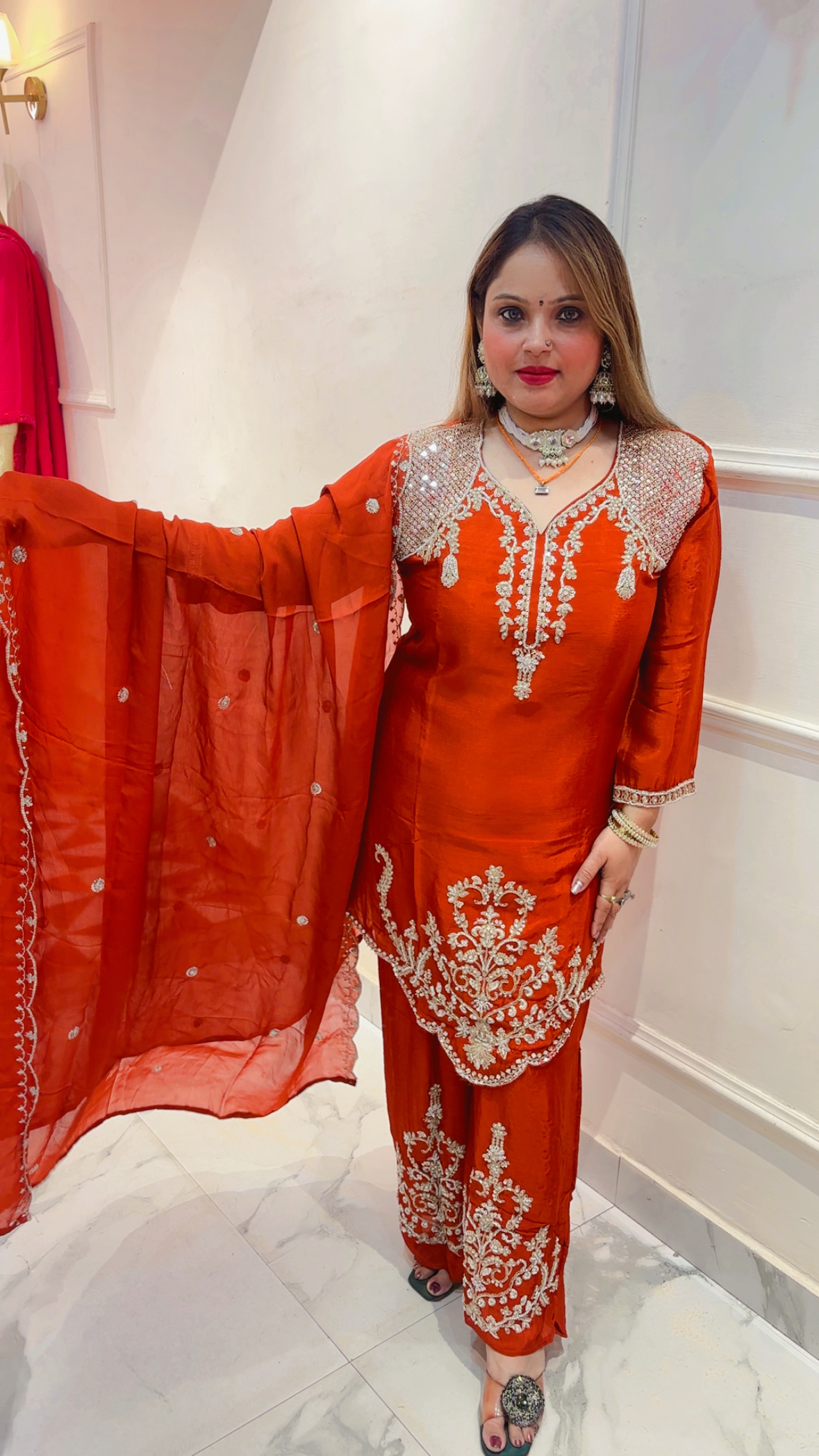 Pure Chinnon Palazzo Suit with Elegant Embroidery & Dupatta - Image 2