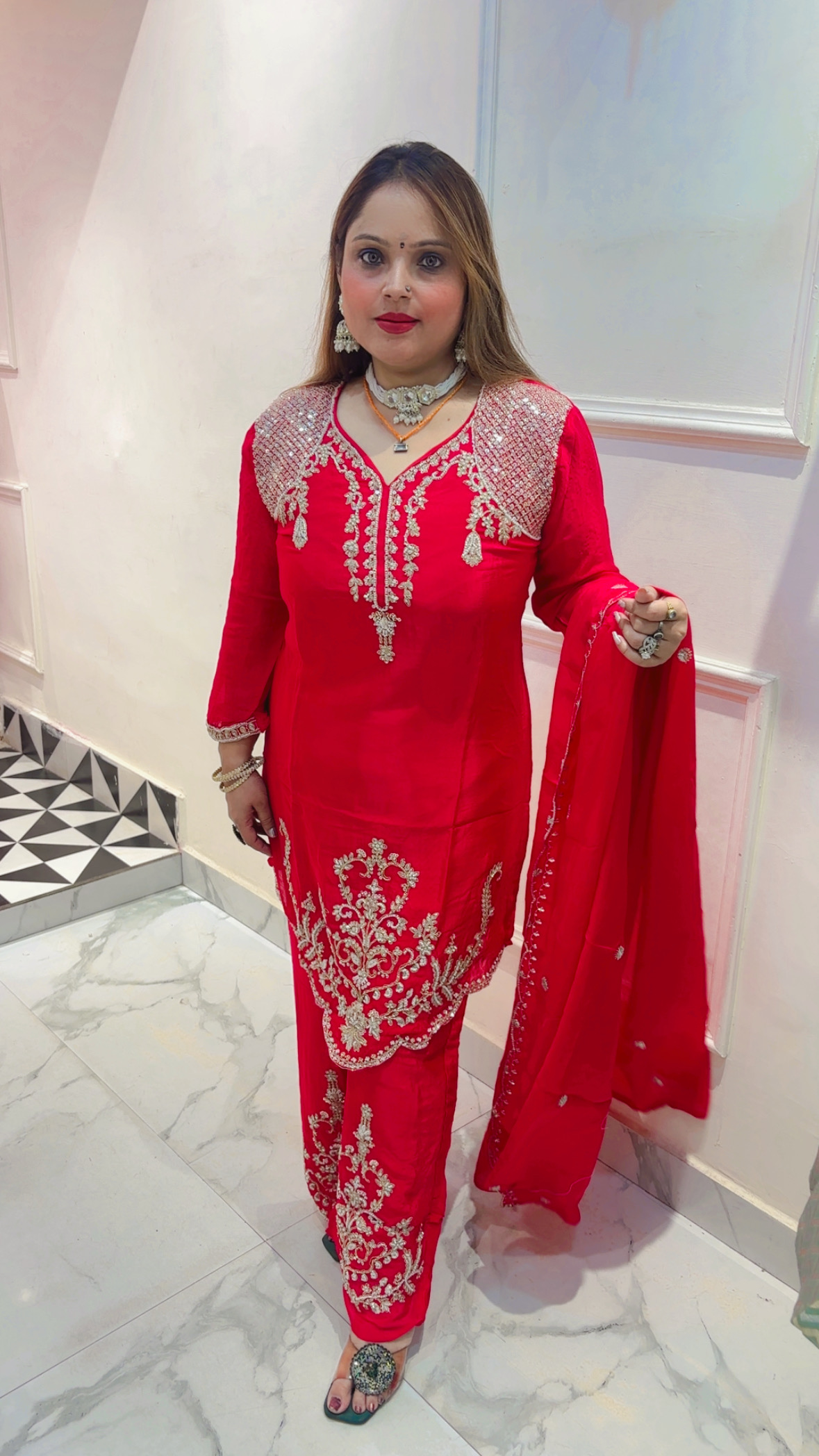 Pure Chinnon Palazzo Suit with Elegant Embroidery & Dupatta - Image 3