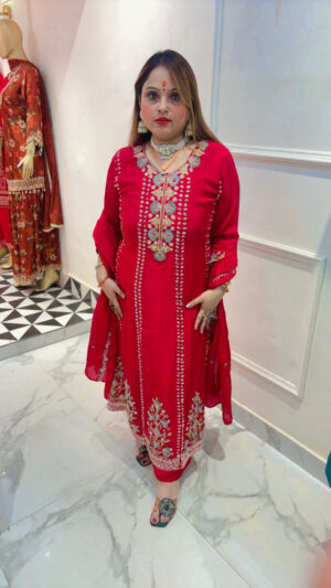 Pure Chinnon Anarkali Suit with Beautiful Hand Embroidery & Dupatta