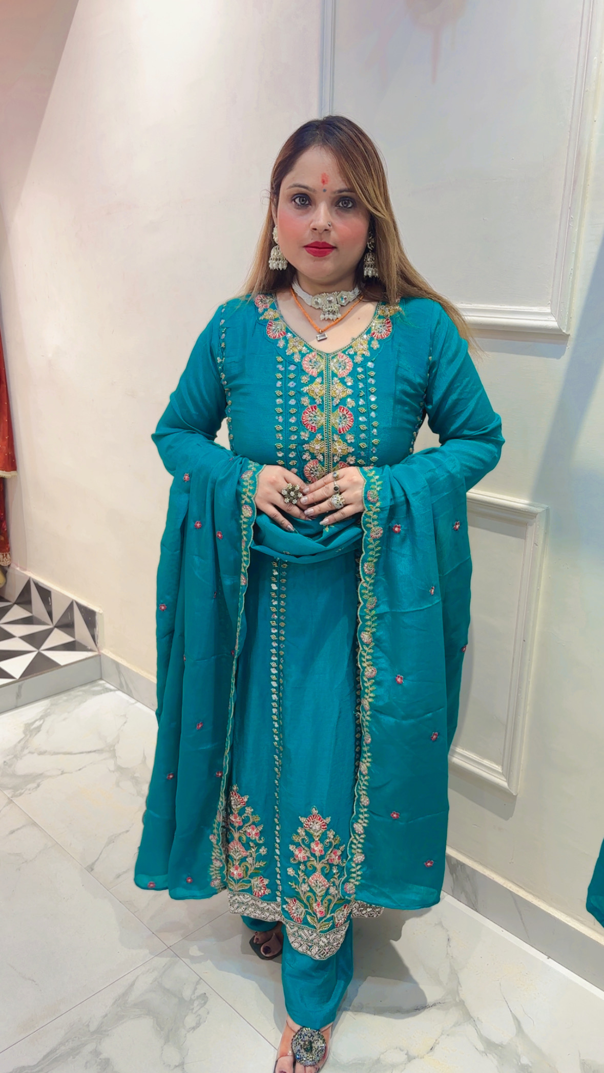 Pure Chinnon Anarkali Suit with Beautiful Hand Embroidery & Dupatta - Image 2