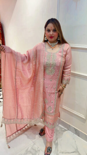 Pure Shimmer Silk Suit with Cutdana Work & Dupatta
