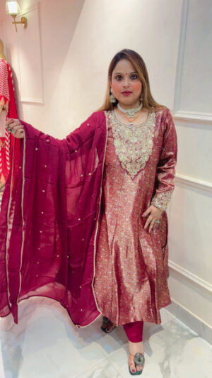 Pure Brocade Anarkali Suit with Beautiful Embroidery & Dupatta