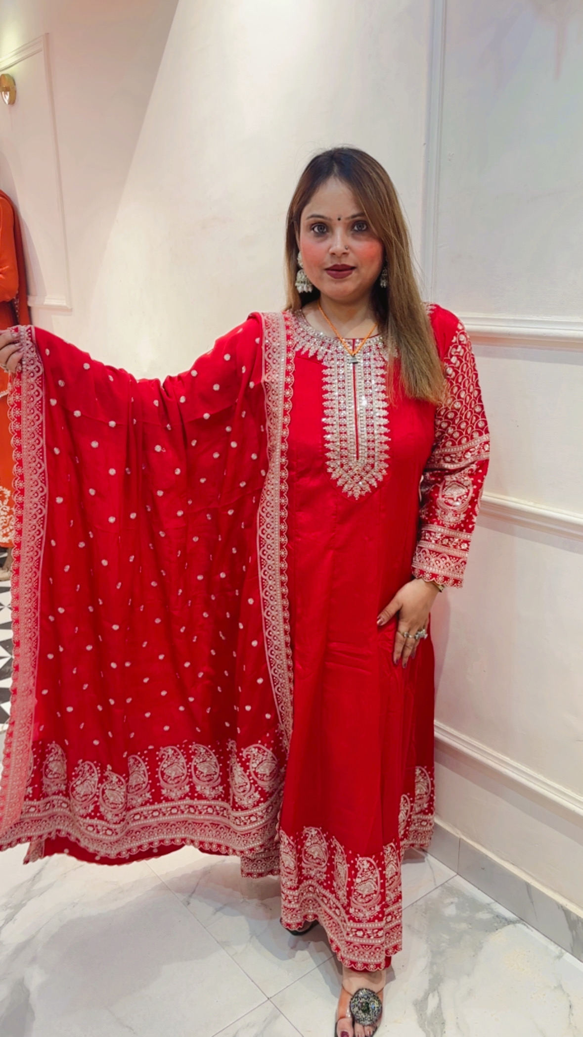 Pure Chinnon Anarkali Suit with Beautiful Embroidery & Dupatta