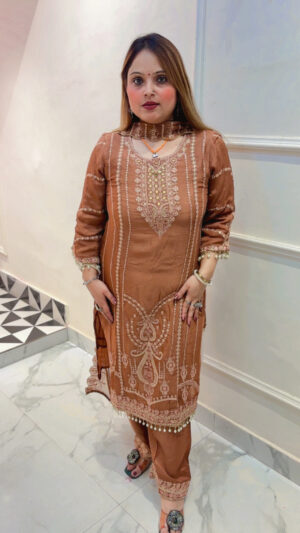 Pure Chinnon Palazzo Suit with Beautiful Embroidery & Dupatta