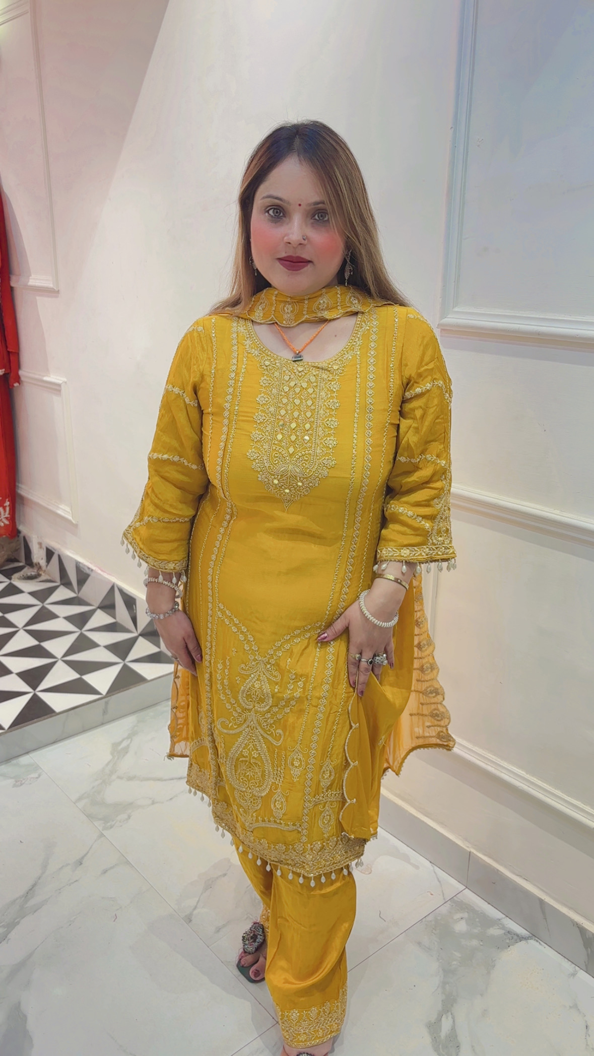 Pure Chinnon Palazzo Suit with Beautiful Embroidery & Dupatta - Image 2