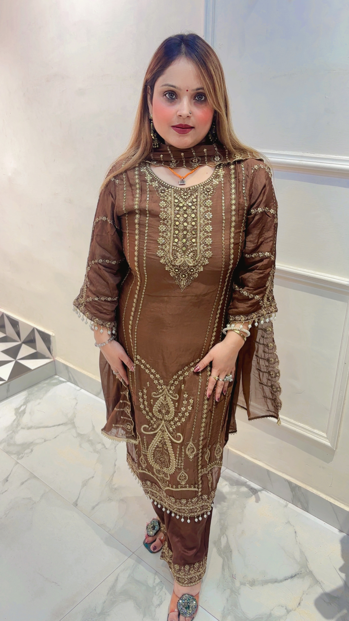 Pure Chinnon Palazzo Suit with Beautiful Embroidery & Dupatta - Image 3