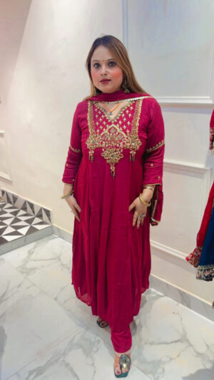 Pure Chinnon A-Line Suit with Beautiful Embroidery & Dupatta