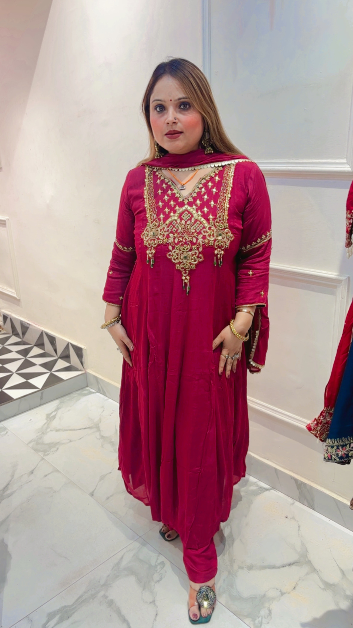 Pure Chinnon A-Line Suit with Beautiful Embroidery & Dupatta