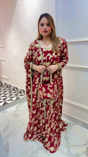 Elegant Floor-Touch Anarkali Suit with Beautiful Golden Work & Dupatta
