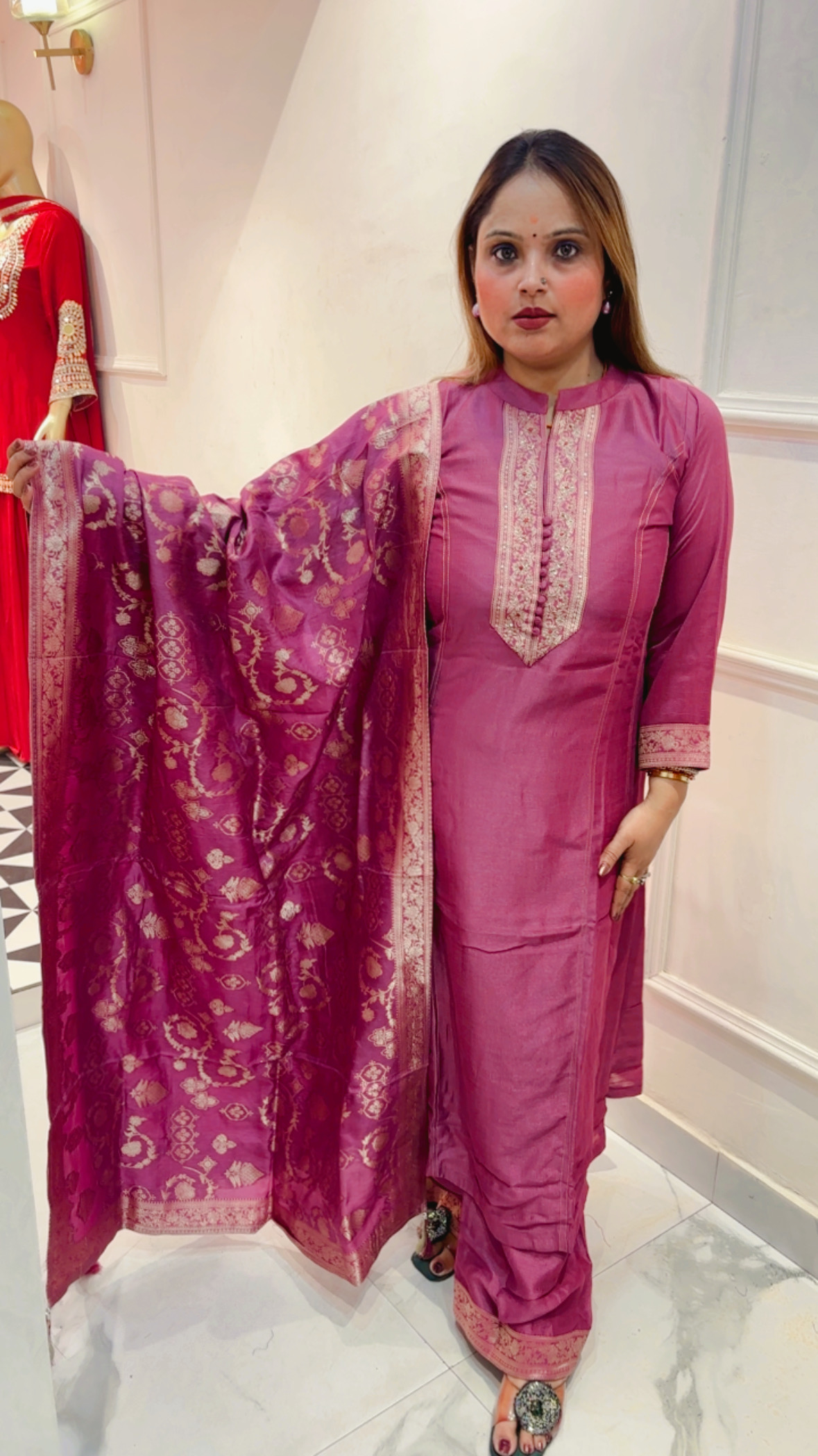 Pure Silk Anarkali Suit with Beautiful Golden Banarasi Dupatta