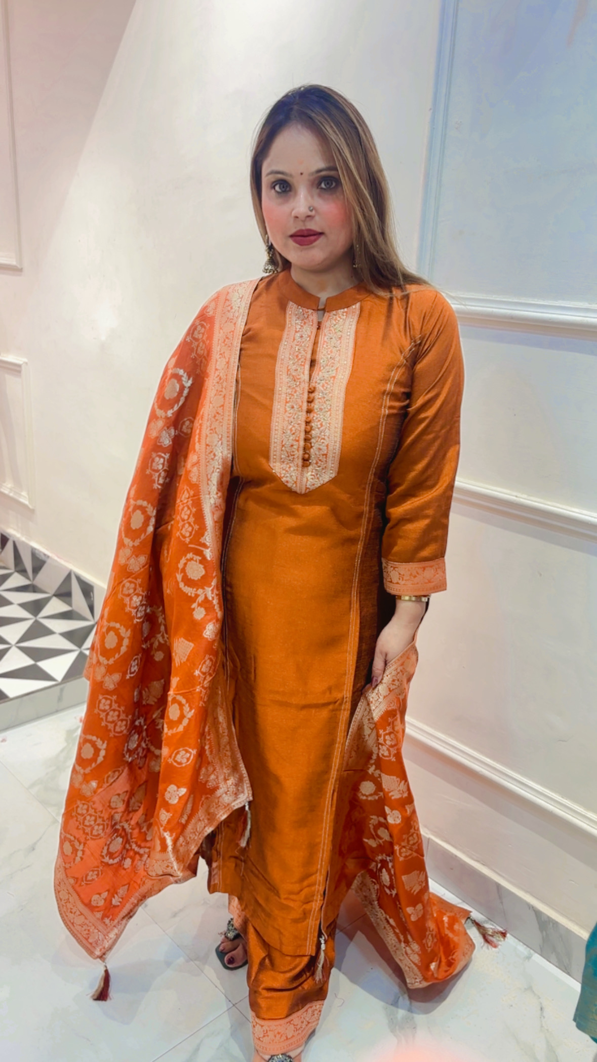 Pure Silk Anarkali Suit with Beautiful Golden Banarasi Dupatta - Image 3