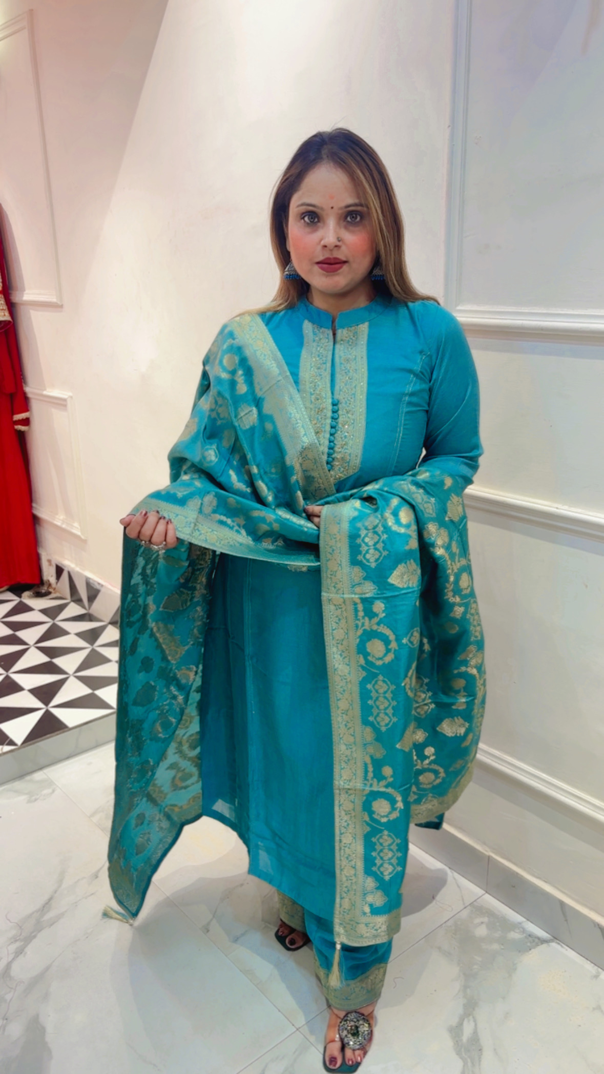 Pure Silk Anarkali Suit with Beautiful Golden Banarasi Dupatta - Image 2